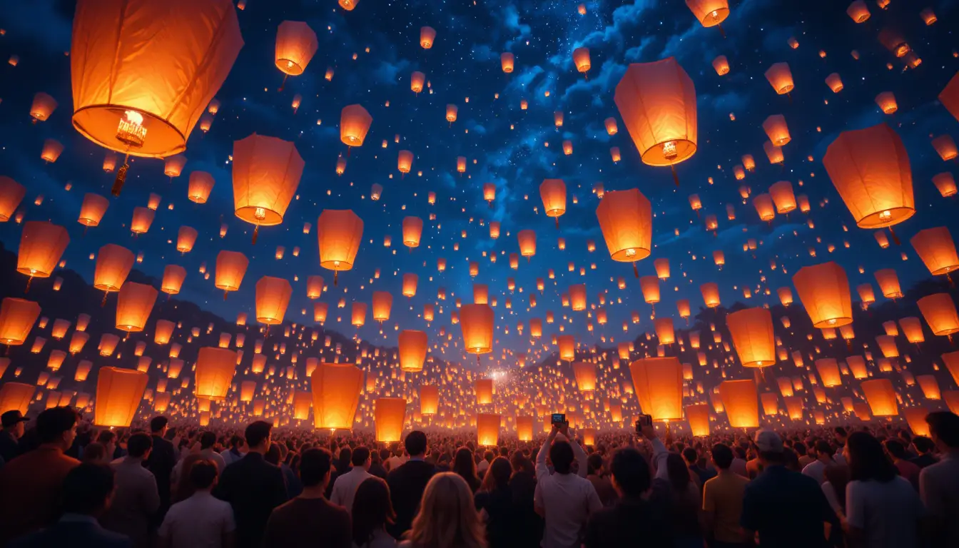 Skyline Filled With Floating Lanterns Against Indigo Night