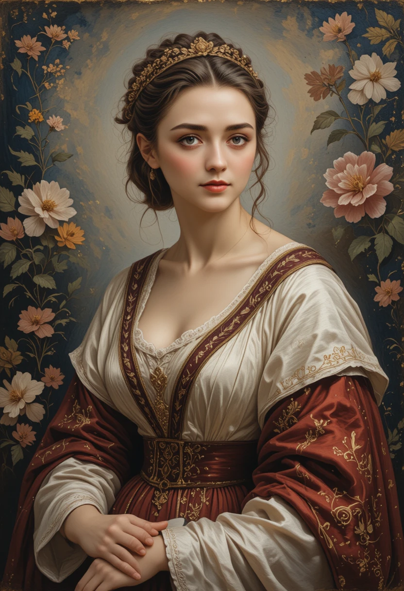 Renaissance style portrait of a woman in ivory silk