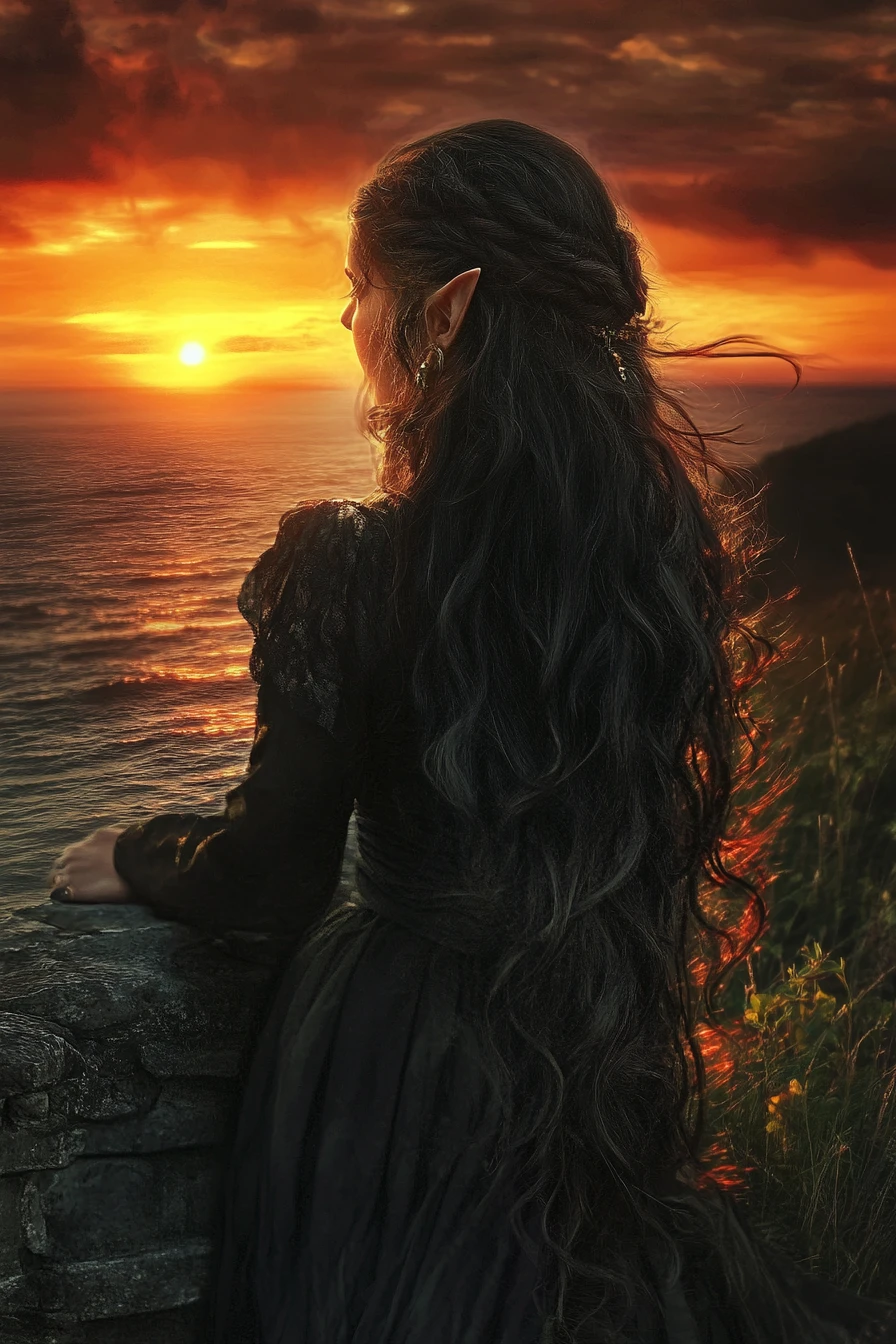 Femme elfe au sommet d’une haute tour face à la mer lumineuse