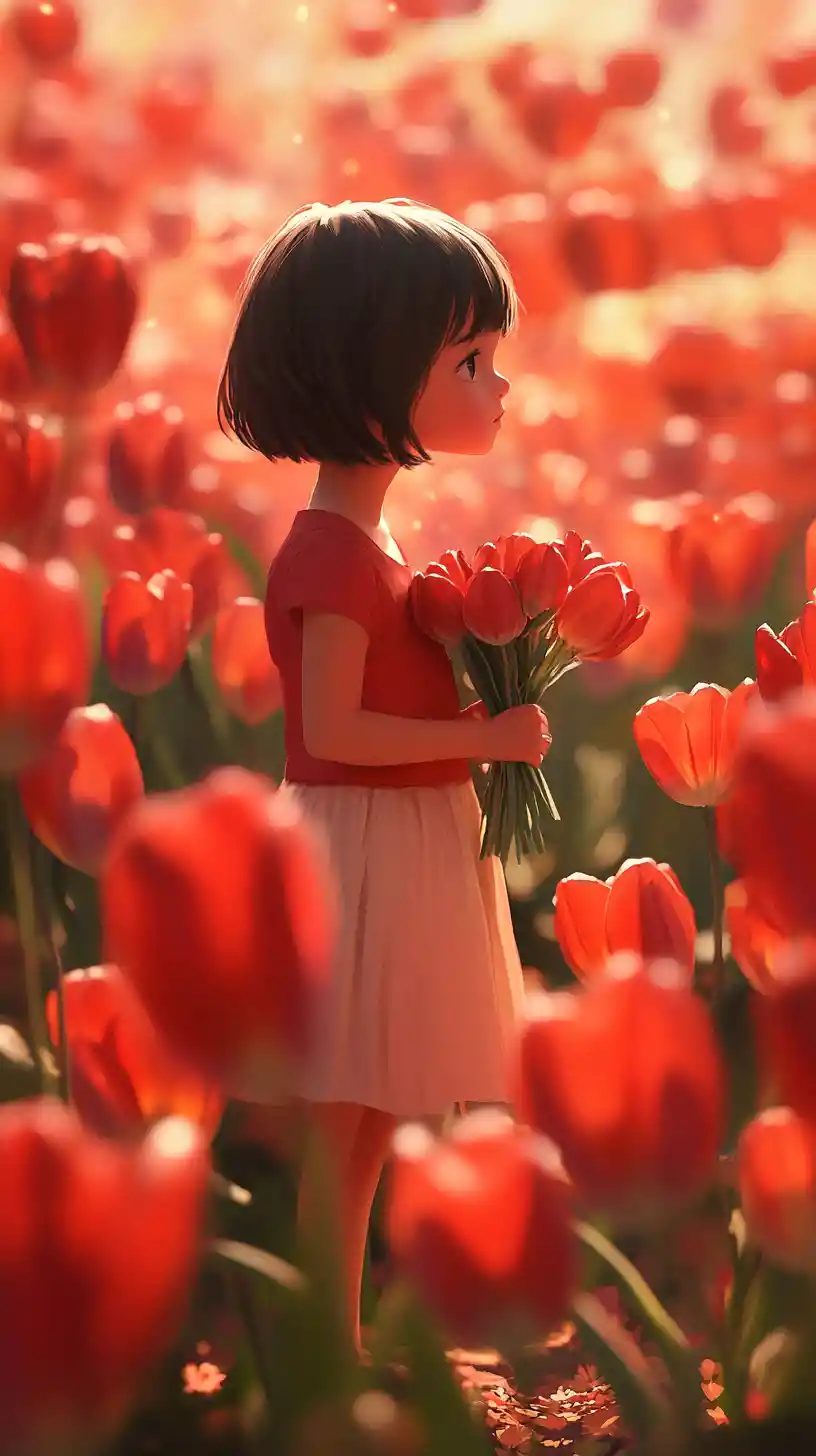 Anime girl holding tulips in a sunny flower field