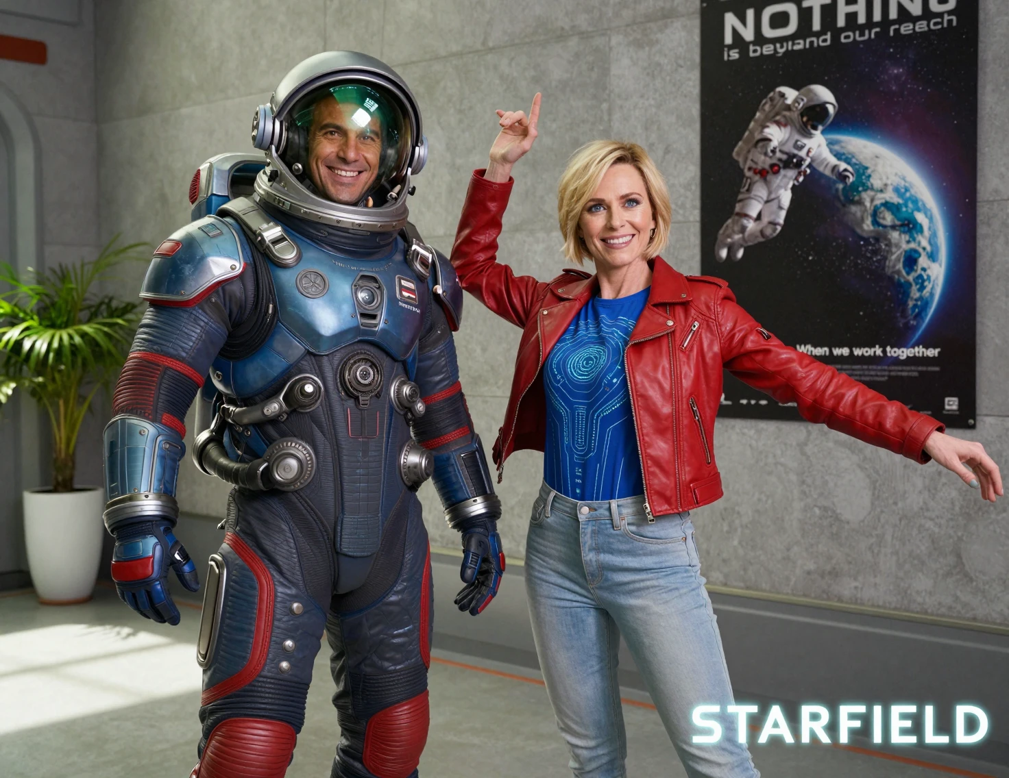 Astronautas sonrientes posando juntos en un salón futurista