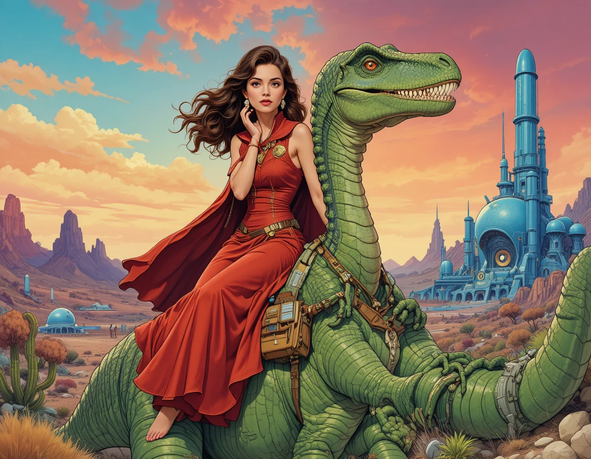Donna caucasica che cavalca un dinosauro verde in un mondo alieno