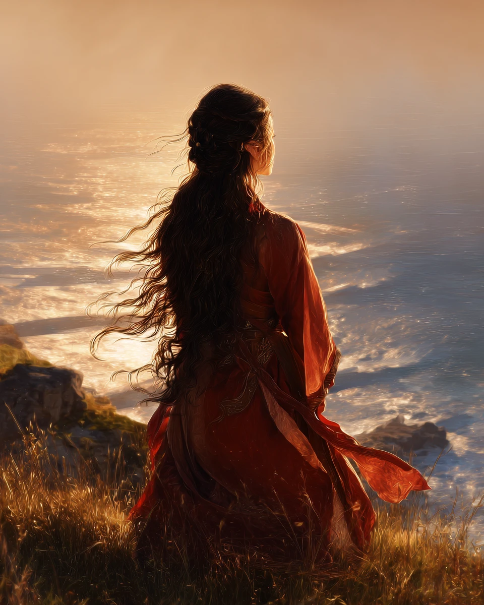 Elf woman on a tower watching the distant sunset sea