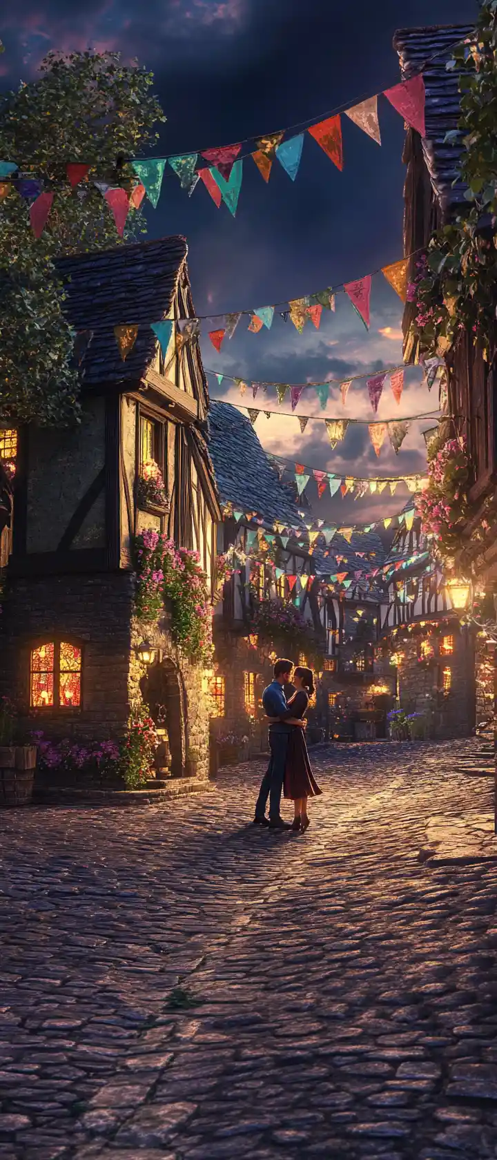 Romantic Couple Dancing In Medieval Village Square At Dusk