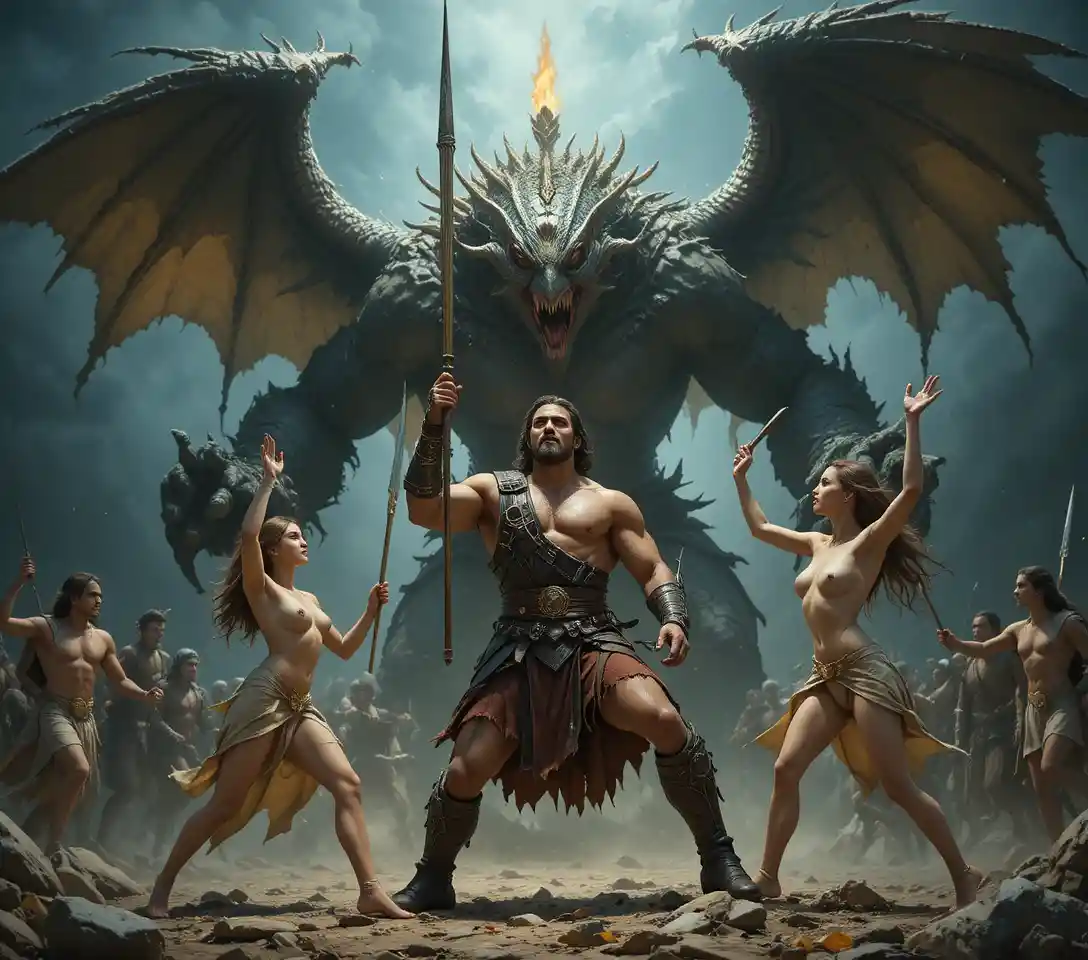 Muscular Fantasy Warrior Facing Fire Breathing Winged Monster