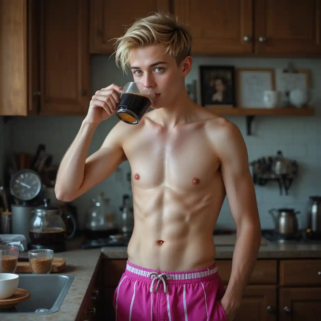Young man drinking coffee in striped pants