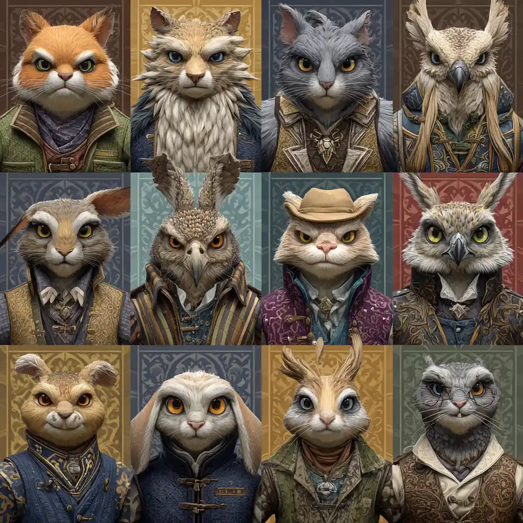 Ritratti colorati di animali antropomorfi per token RPG fantasy