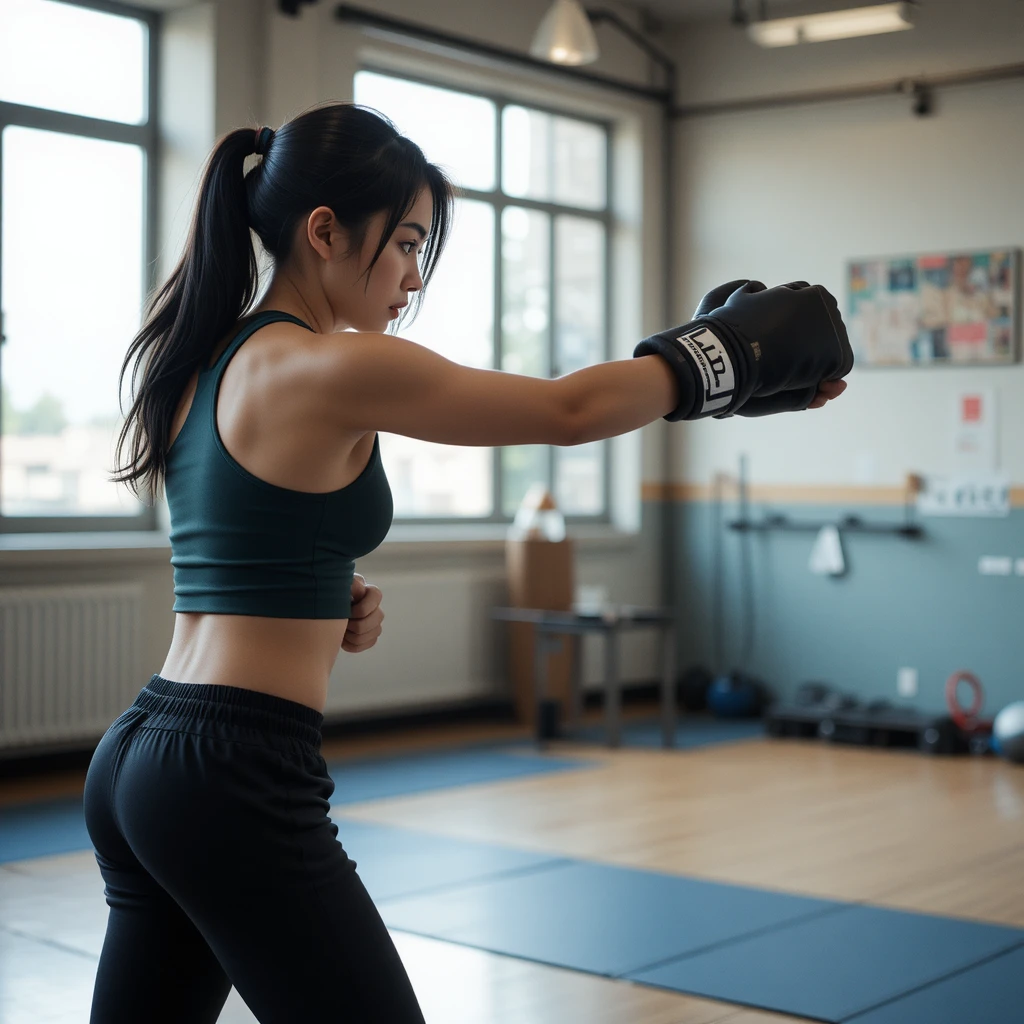 Jovem mulher boxeando na academia usando roupa de treino escura