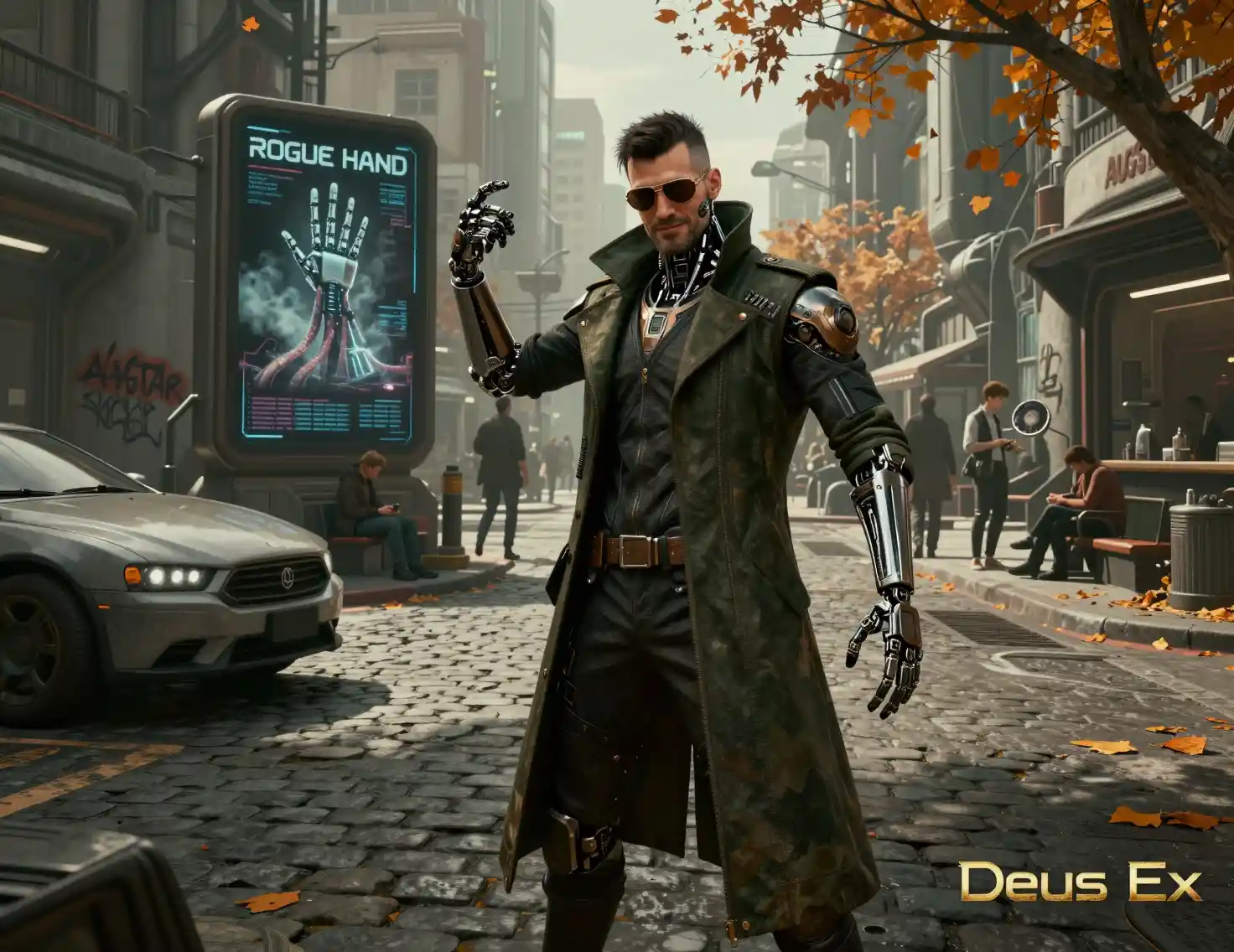 Augmented detective posing on a futuristic cobblestone street
