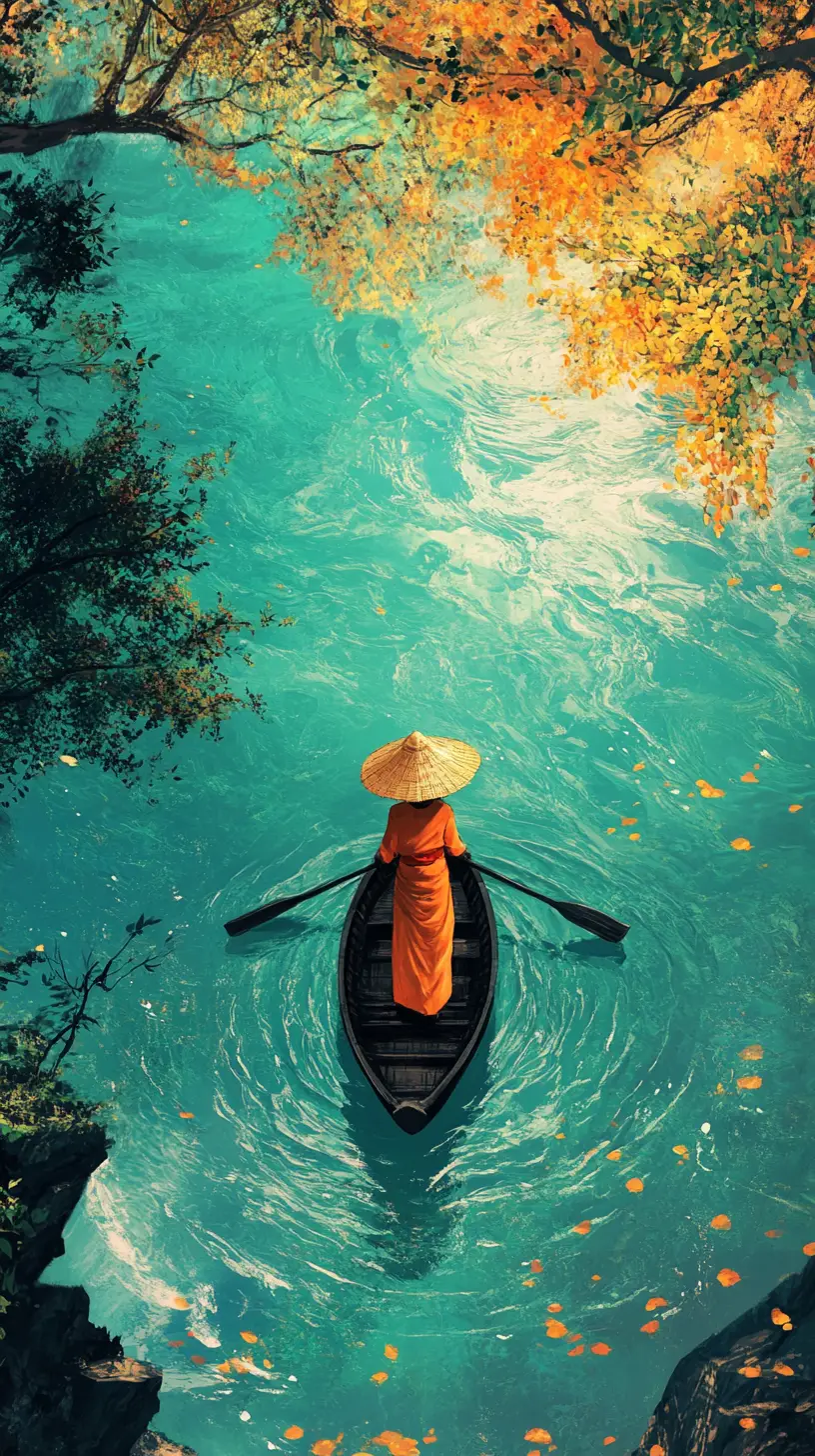 Man In Boat On Turquoise River With Lush Forest