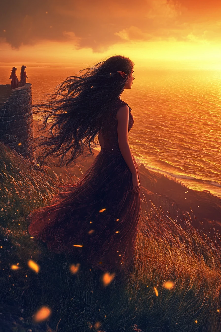 Femme elfe au sommet d’une haute tour surplombant une mer lointaine au soleil couchant