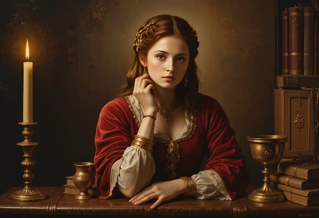 Thoughtful Renaissance woman in candlelit classical portrait