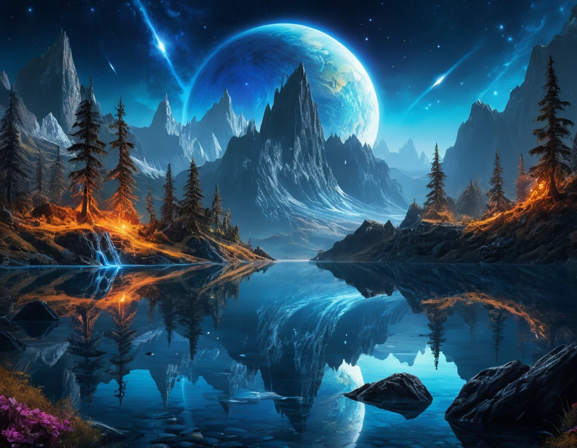Magical blue planet over spiky mountains and calm lake