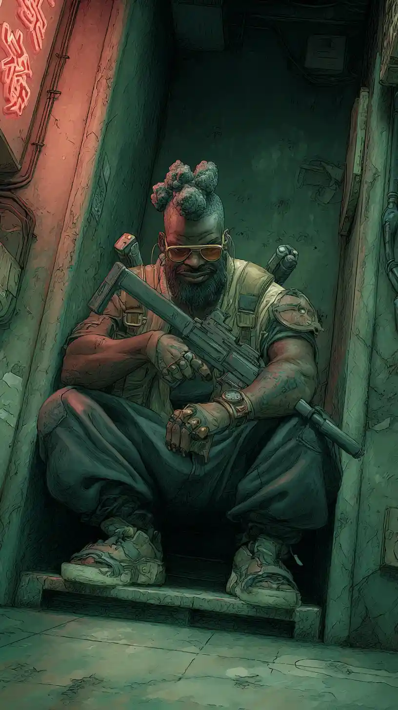 Afrofuturistic gangster throwing a sudden punch in wet alley
