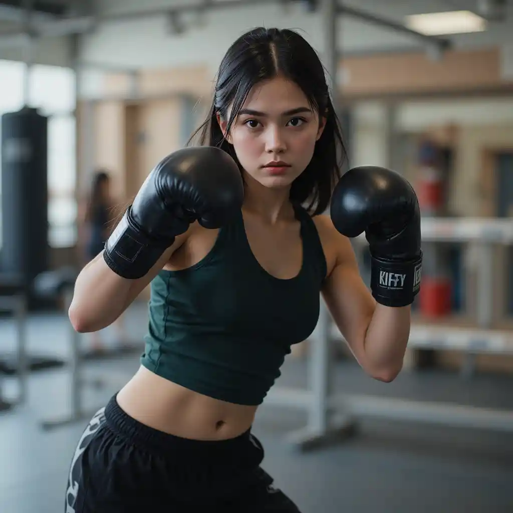 Giovane donna che si allena di boxe in una palestra moderna