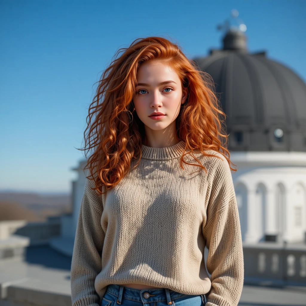Chica pelirroja en el balcón del observatorio de Yale con vista panorámica
