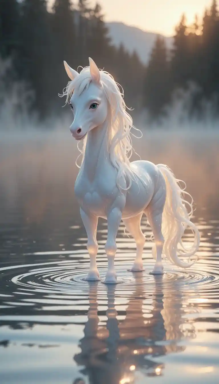 Mythical pearlescent creature standing in a tranquil lake