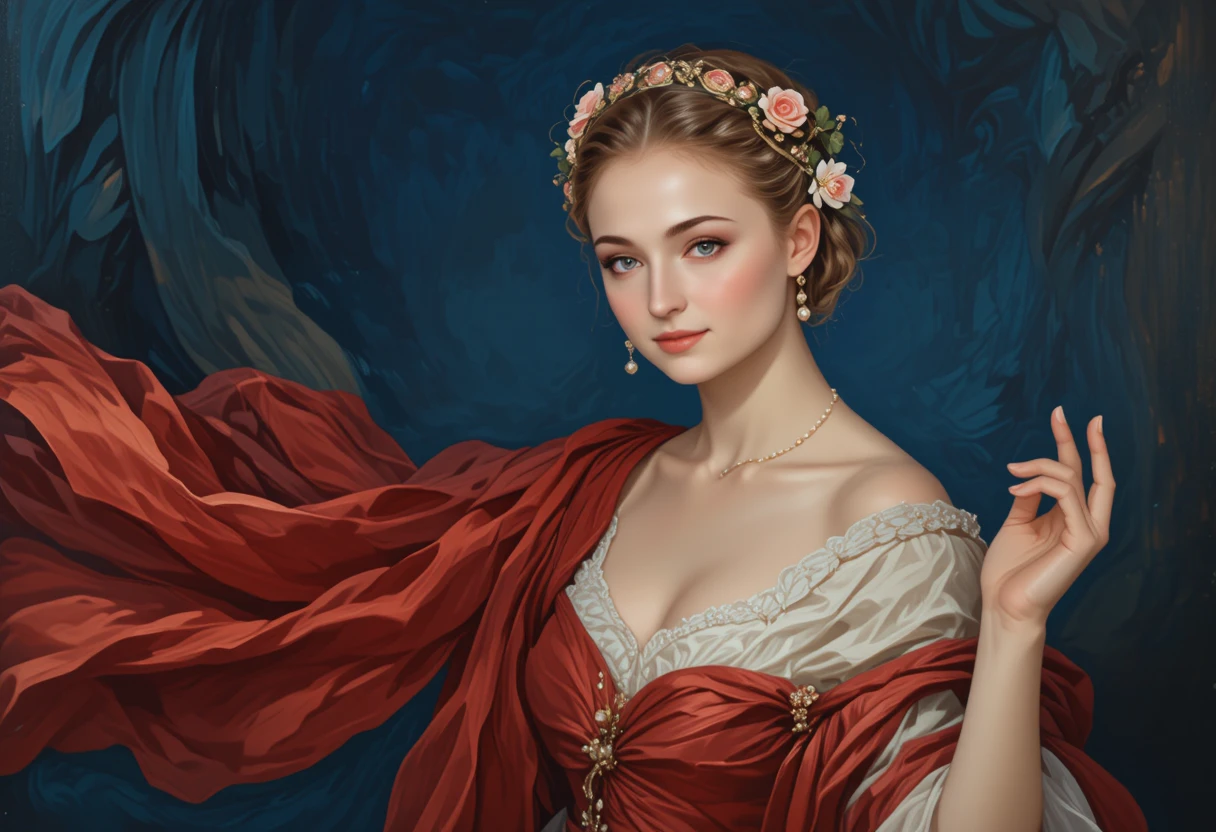 Retrato barroco de una mujer graciosa con un manto de seda roja