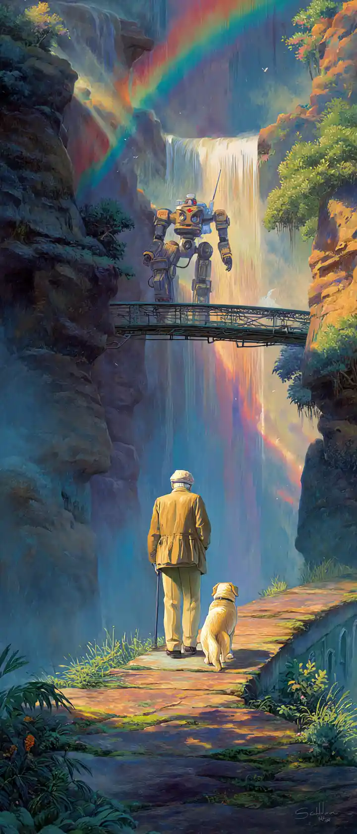 Traveler Reunites With Loyal Animal On Misty Waterfall Bridge
