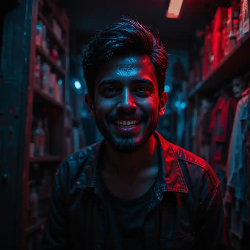 Young Indian man in a haunted shop close up portrait