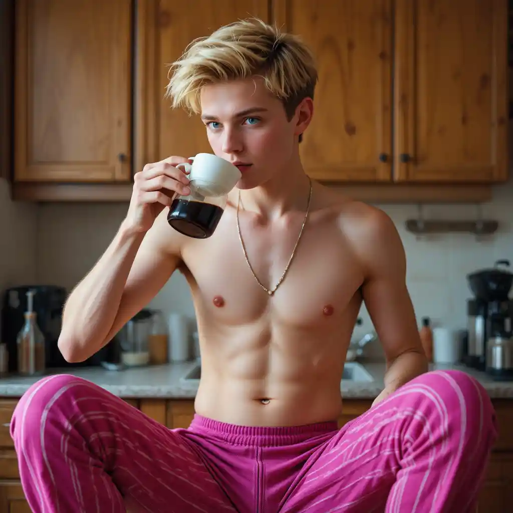 Giovane che beve caffè con pantaloni a righe vivaci