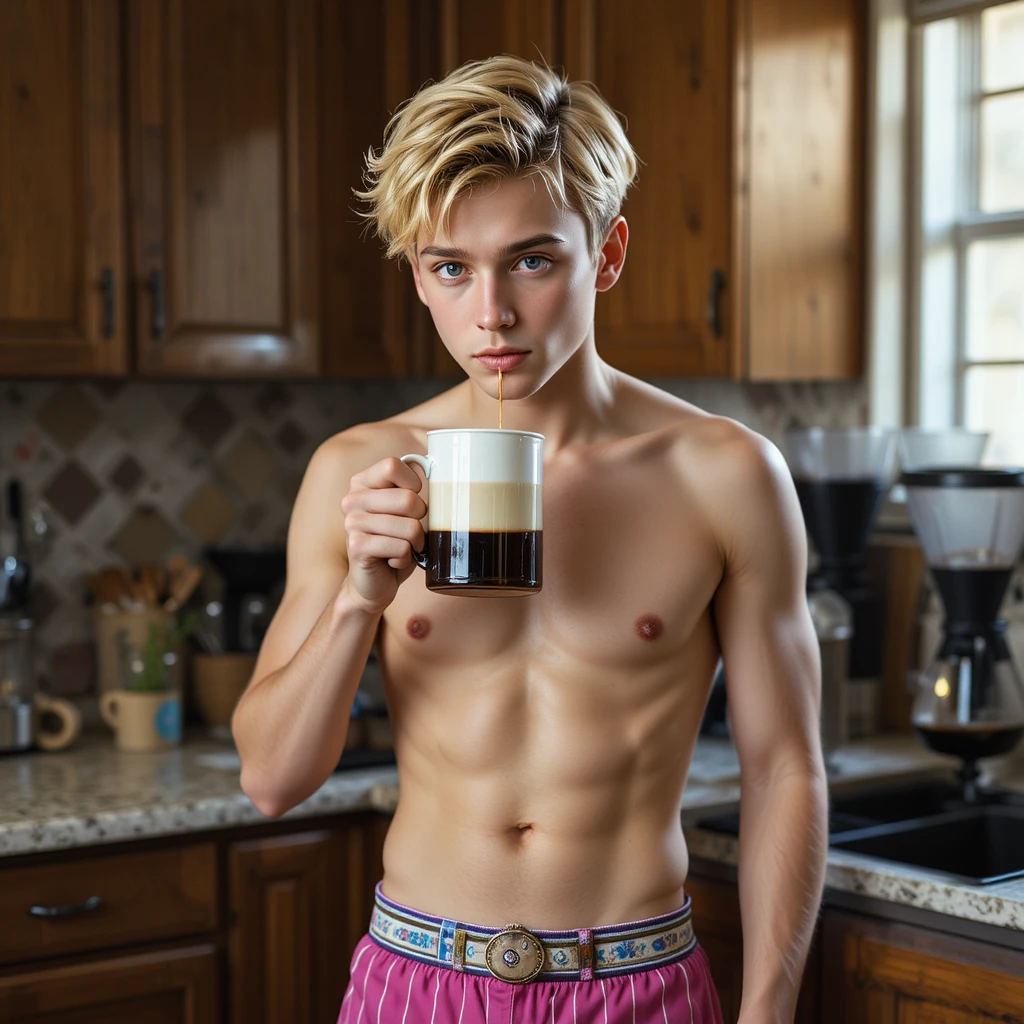 Young man in striped pants drinking coffee at home