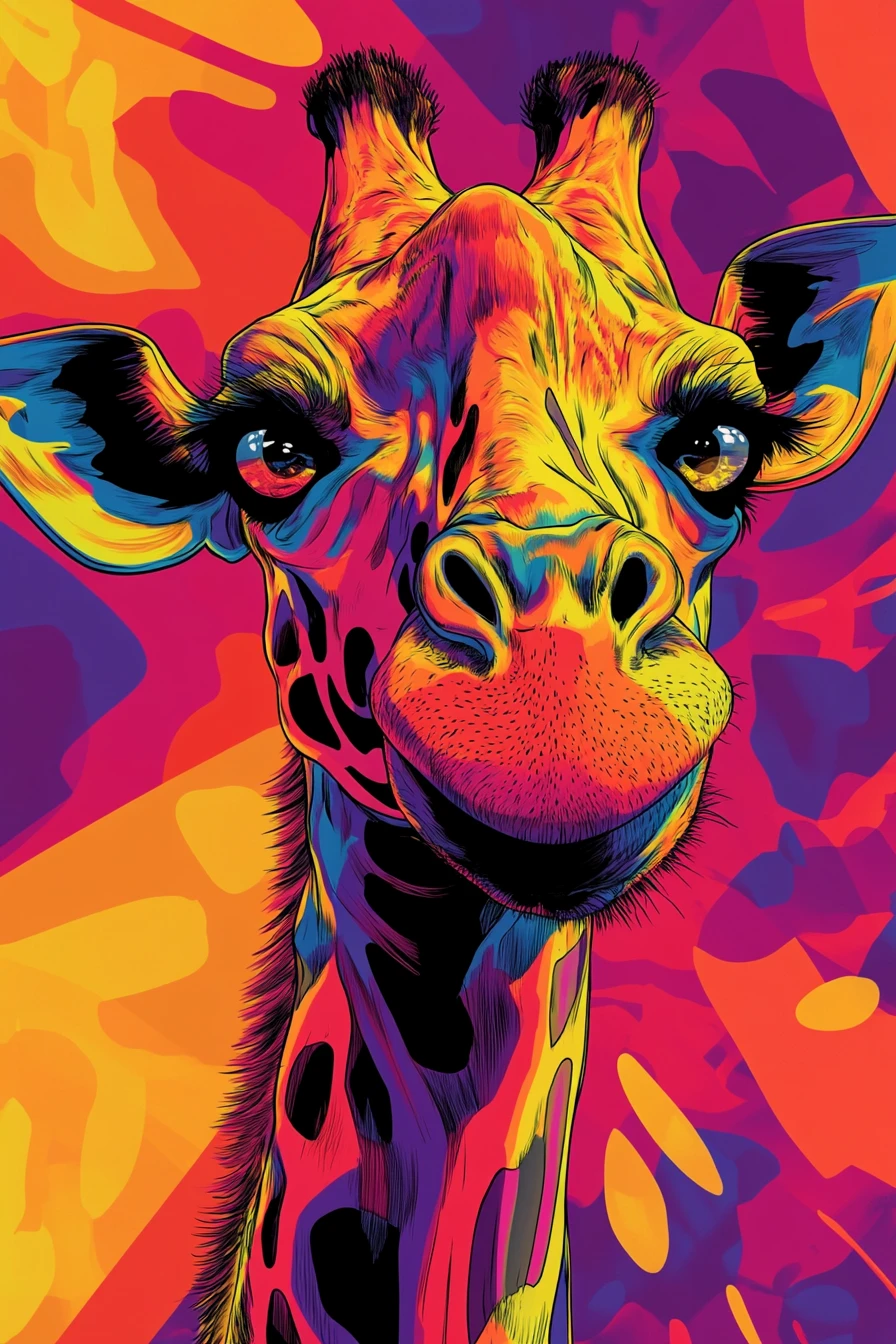 Playful comic giraffe with huge eyes in bold poster style