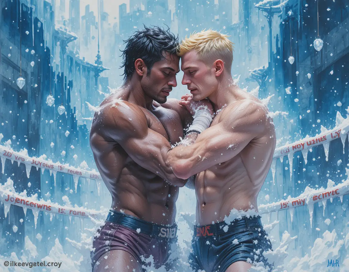 Two wrestlers embracing in a snowy outdoor wrestling ring