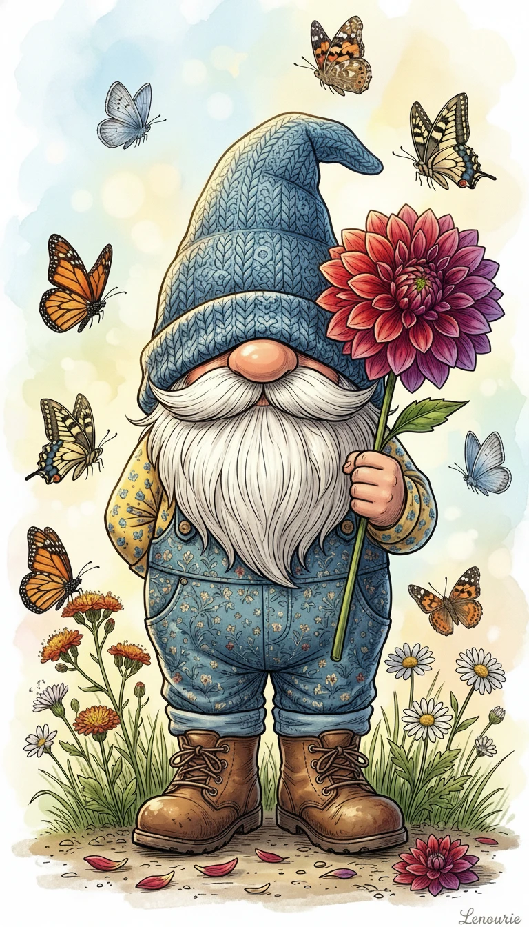 Cute garden gnome holding dahlia among flowers and butterflies