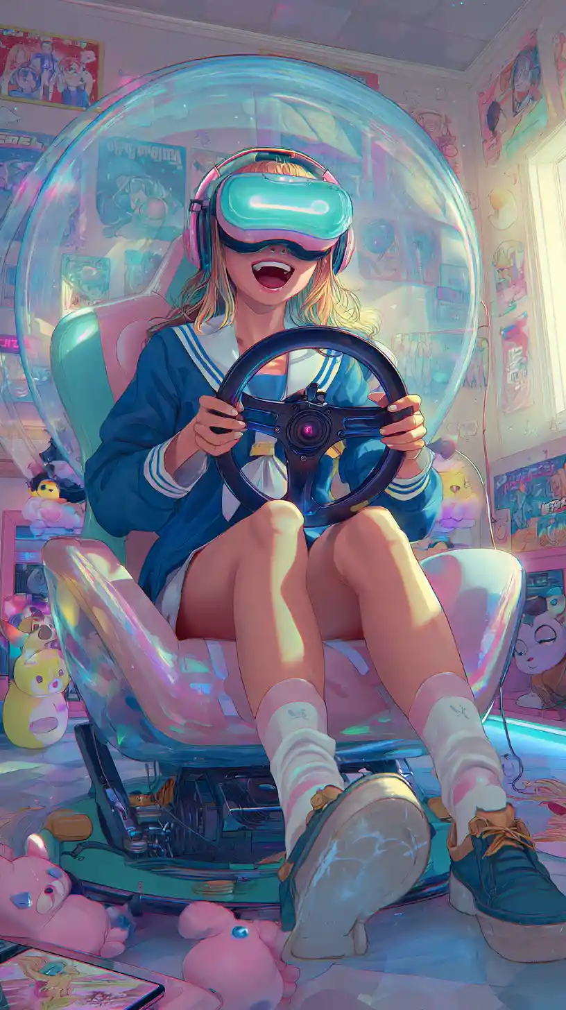 Anime girl gaming in a futuristic capsule chair