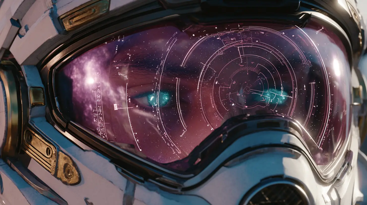 Extreme close up of futuristic pilot helmet holographic hud