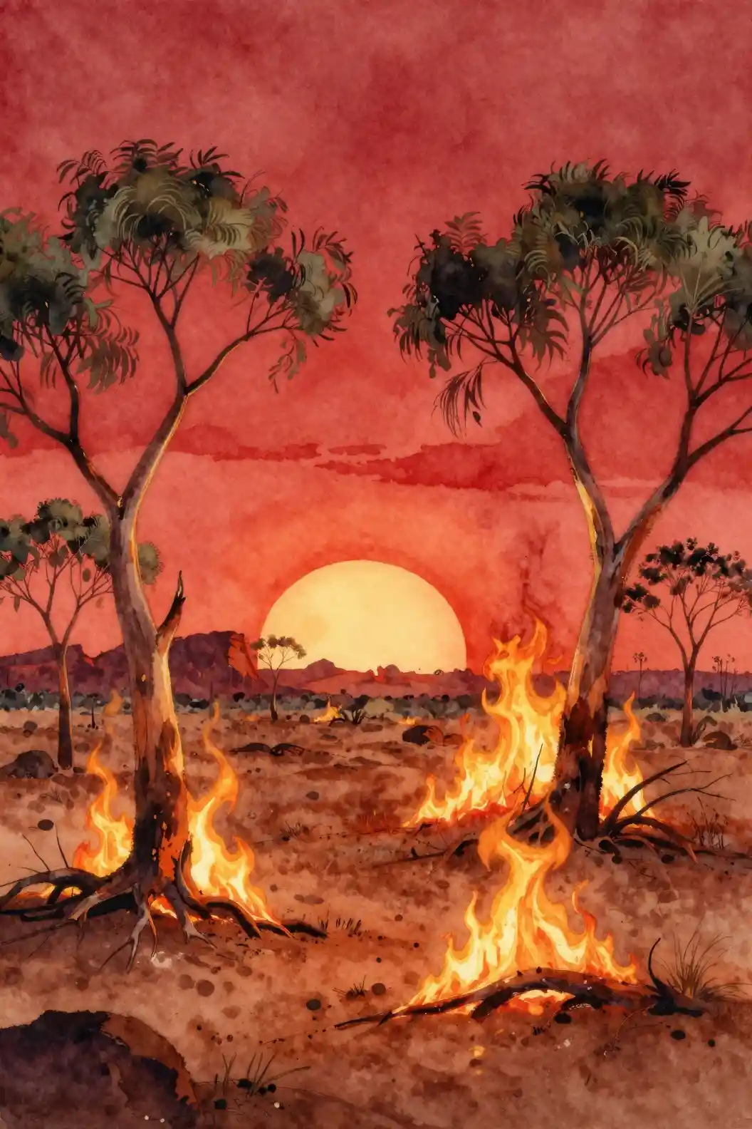 Wildfire consuming a barren australian outback landscape