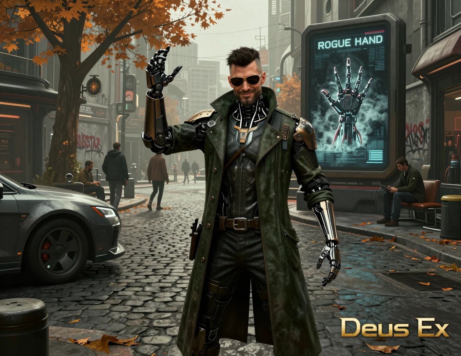 Augmented cyberpunk detective posing on futuristic city street