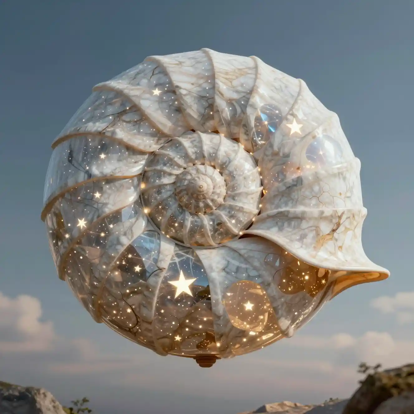 Dirigível náutilo steampunk navegando por um céu luminoso