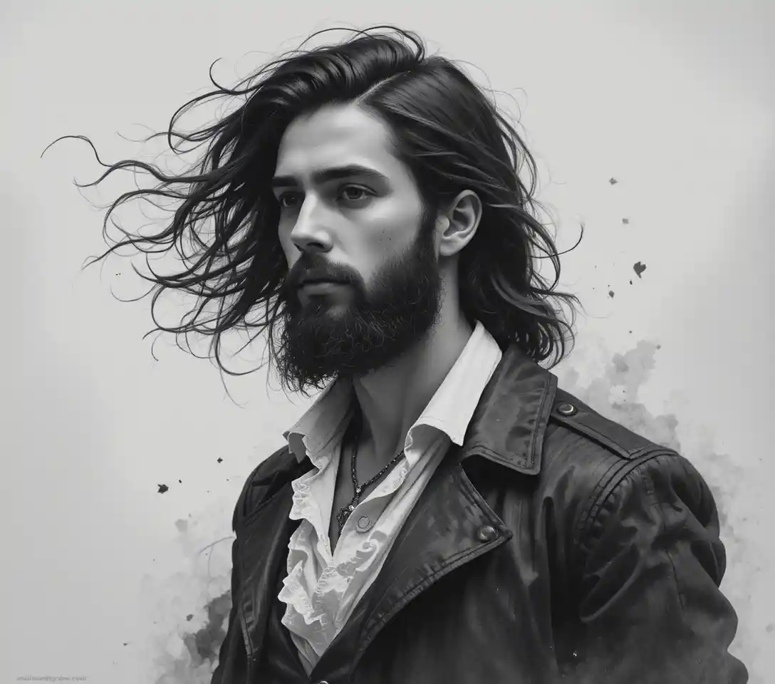 Hombre de pelo largo y aire melancólico en retrato monocromático barroco