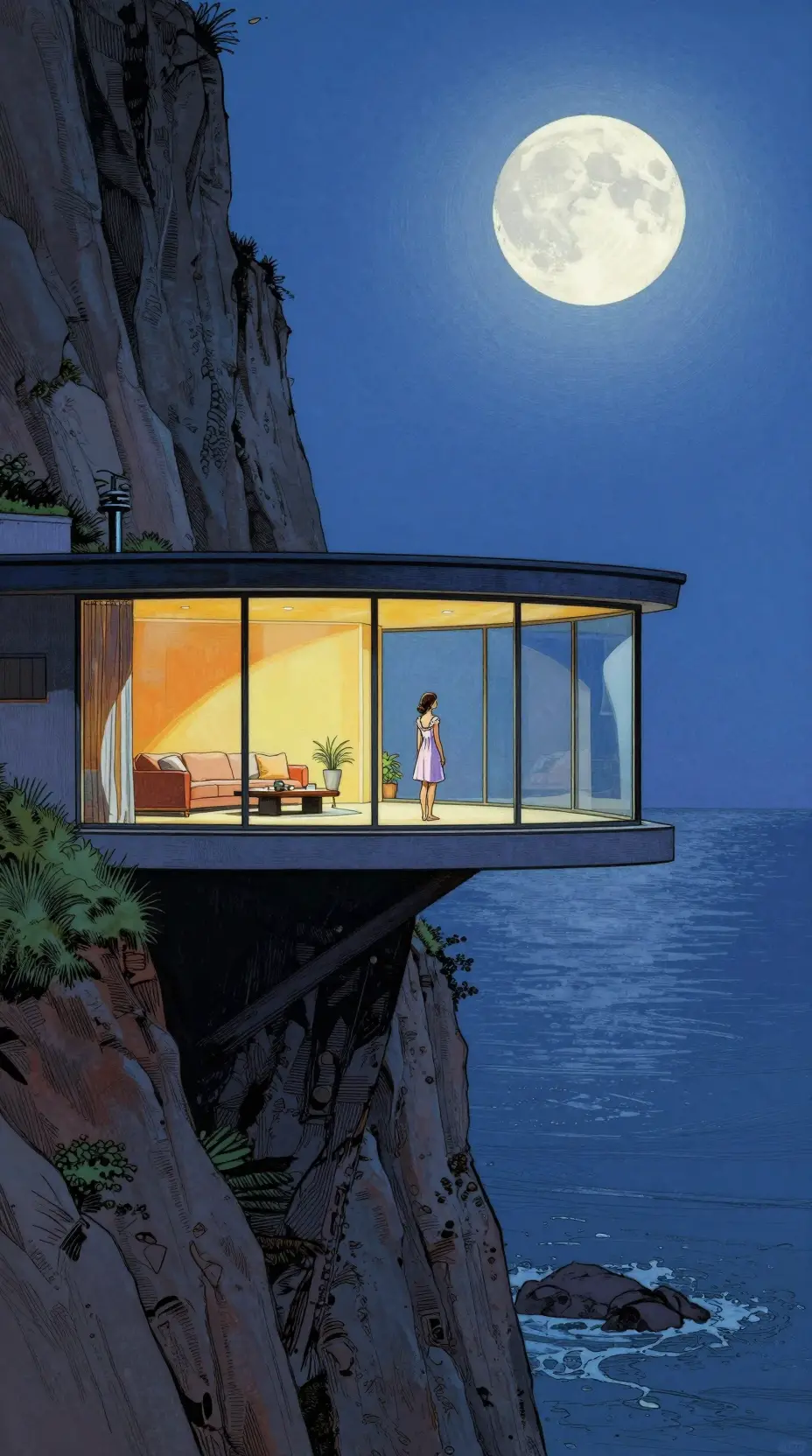 Modern cliffside house with girl at moonlit window
