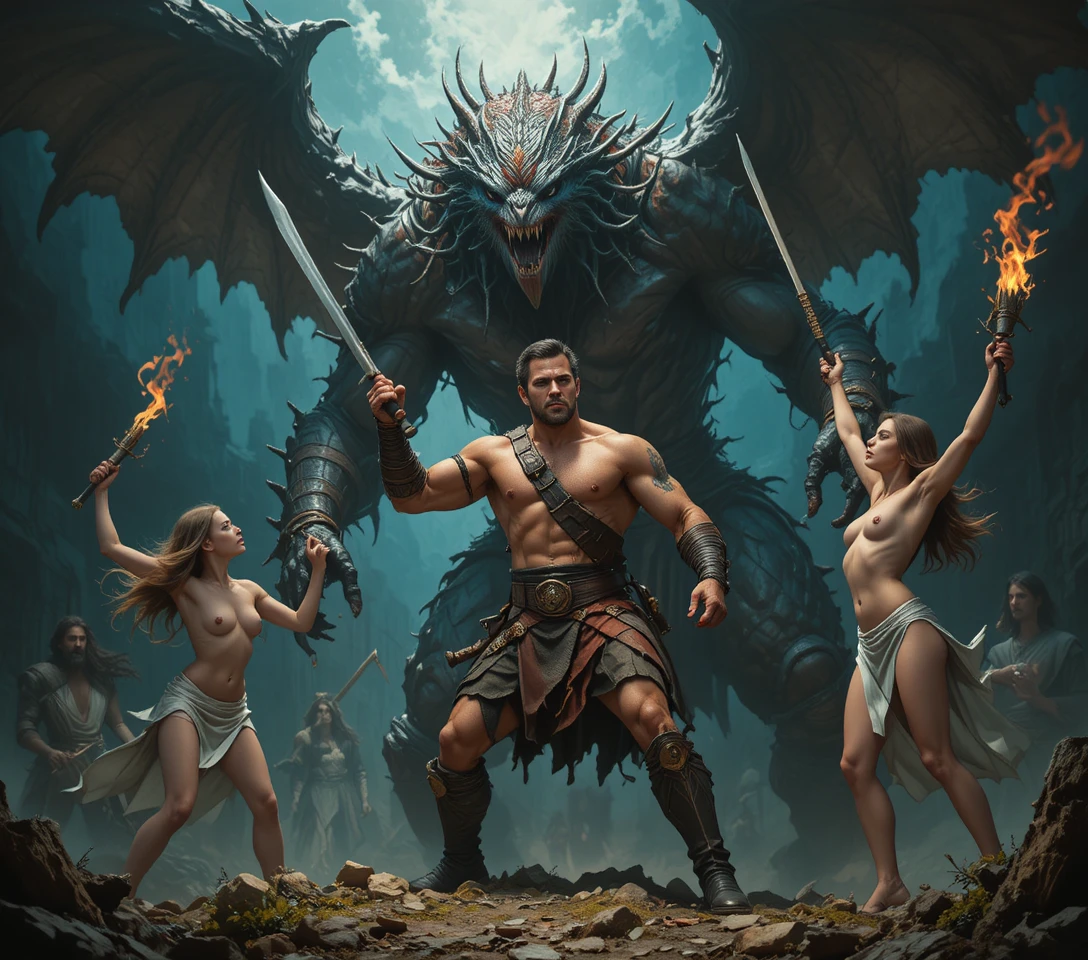 Muscular warrior faces winged monster in epic battle