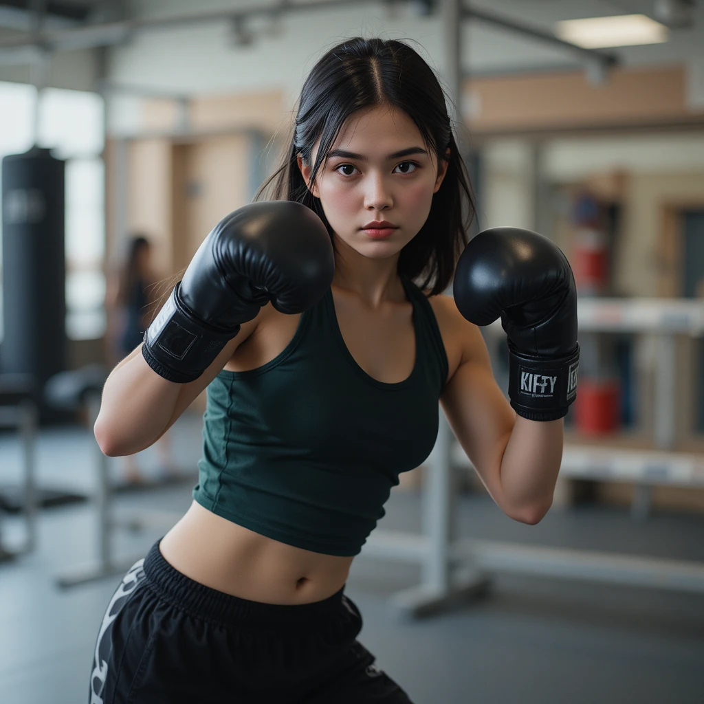 Junge Frau beim Box-Workout in einem modernen Fitnessstudio
