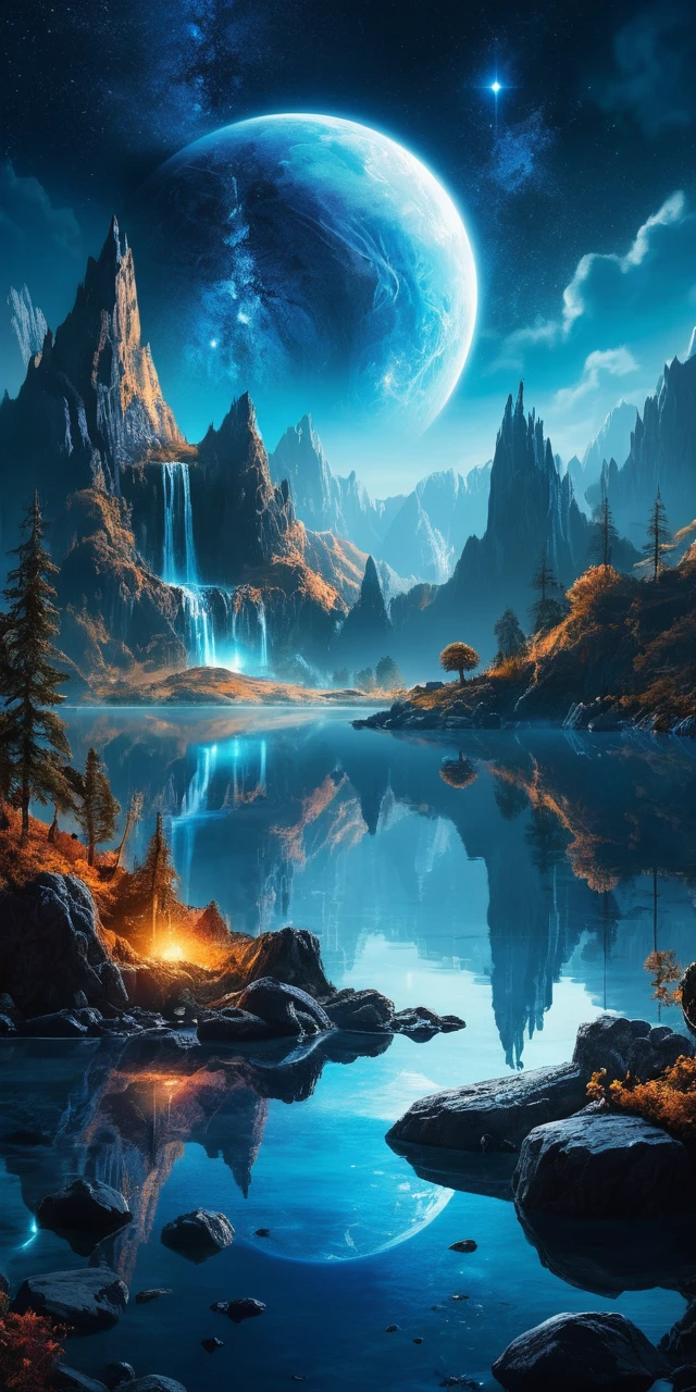 Planeta azul mágico sobre montañas puntiagudas y lago en calma