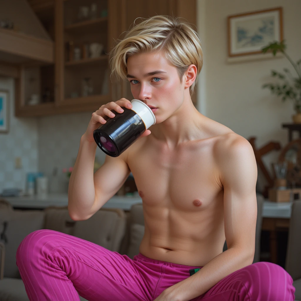 Giovane con pantaloni a righe che beve dalla caffettiera