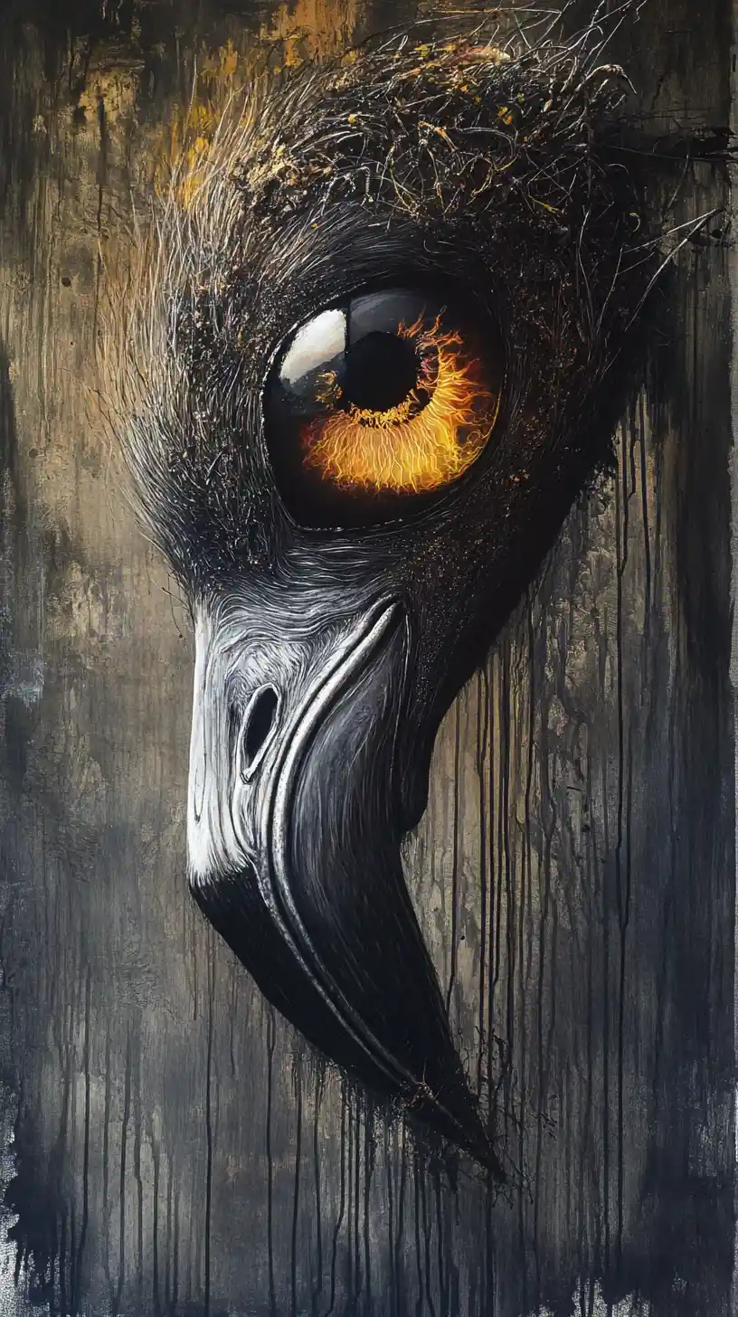 Figure de flamant surréaliste aux grands yeux réfléchissants