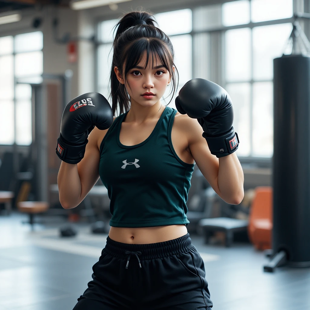 Young woman boxing in a gym wearing dark workout clothes