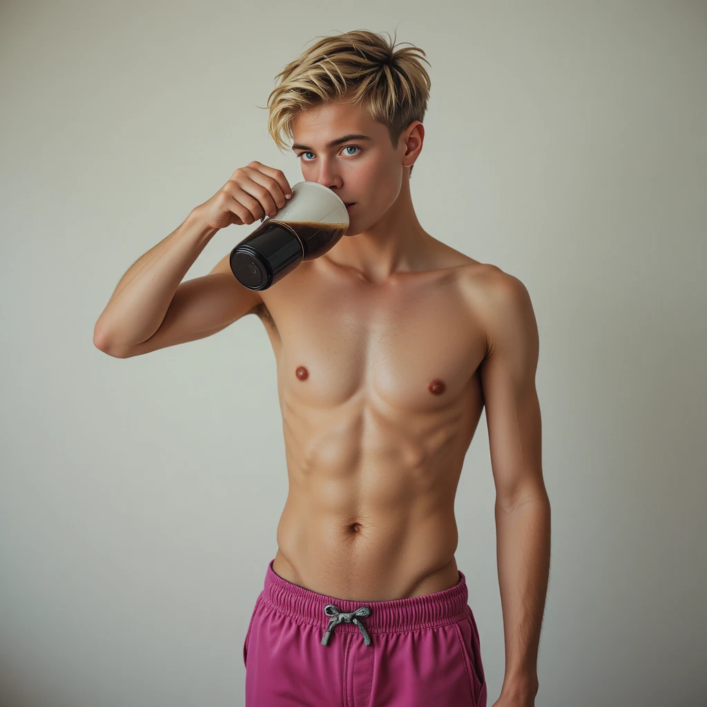 Giovane uomo con pantaloni a righe che beve caffè a casa