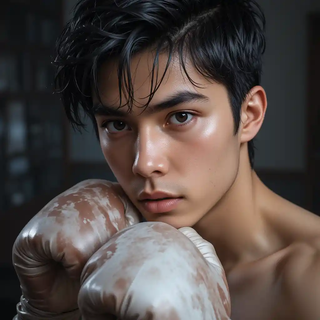 Young man with dark hair boxing in a dynamic pose