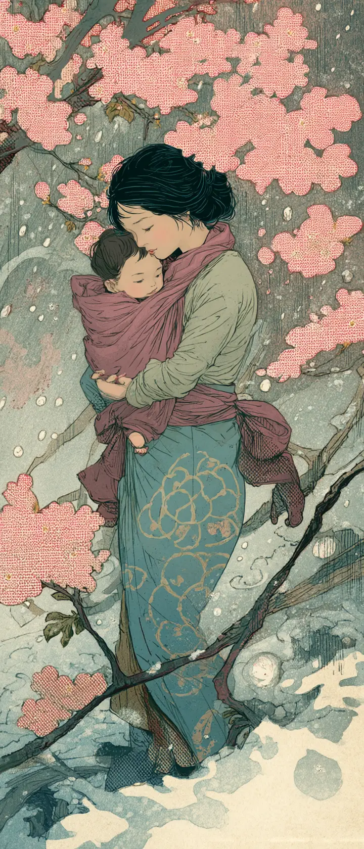 Mother Shielding Baby Under Stormy Cherry Blossom Tree