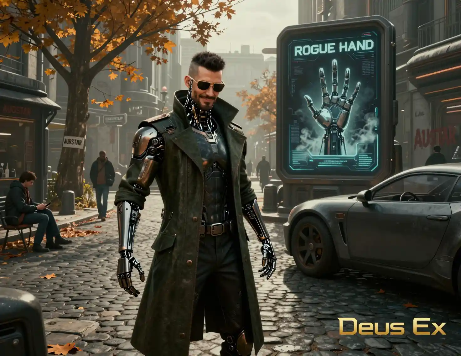 Augmented detective posing on a futuristic cobblestone street
