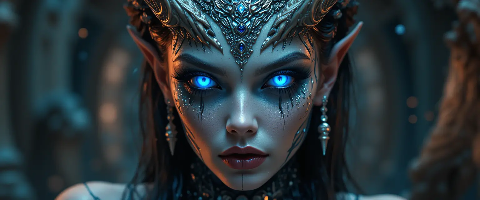 Cinematisches Porträt einer silbernen Fantasy-Frau mit leuchtend blauen Details