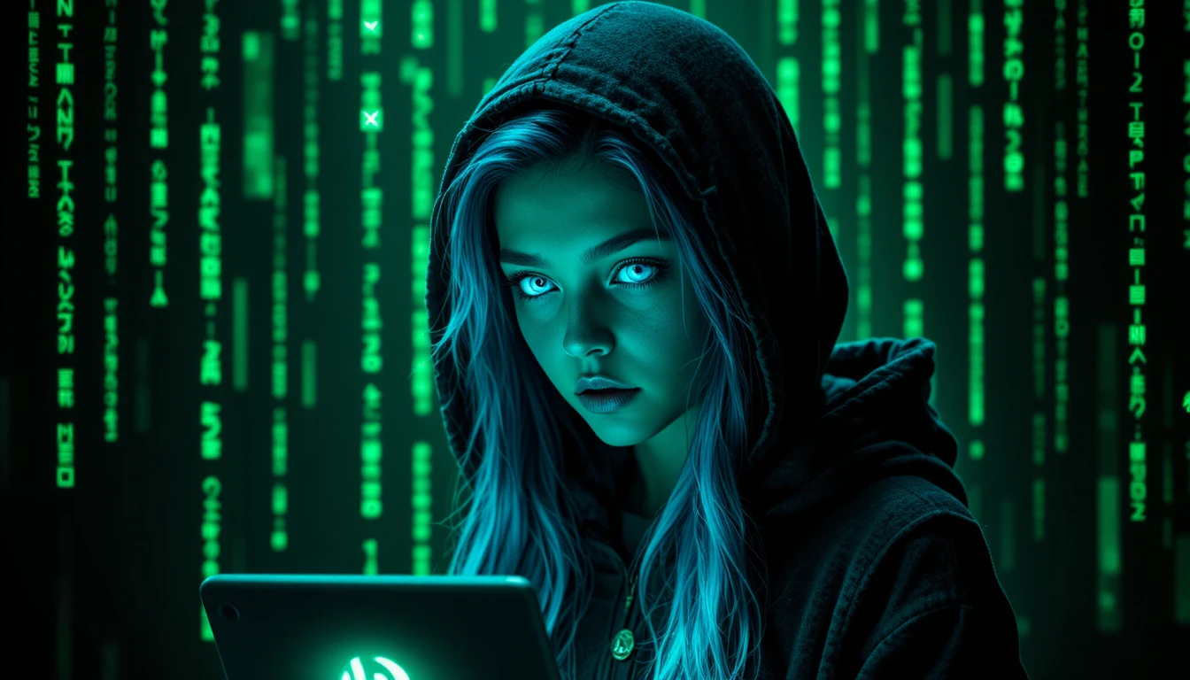 Hooded elf hacker with glowing blue eyes in cyberspace
