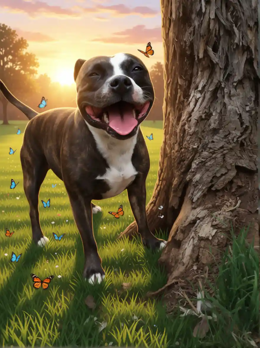 Cane staffy tigrato e bianco all’alba in un parco
