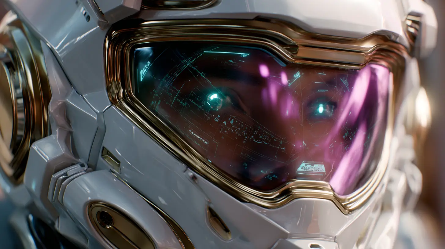 Extreme close up of futuristic pilot helmet with holographic hud